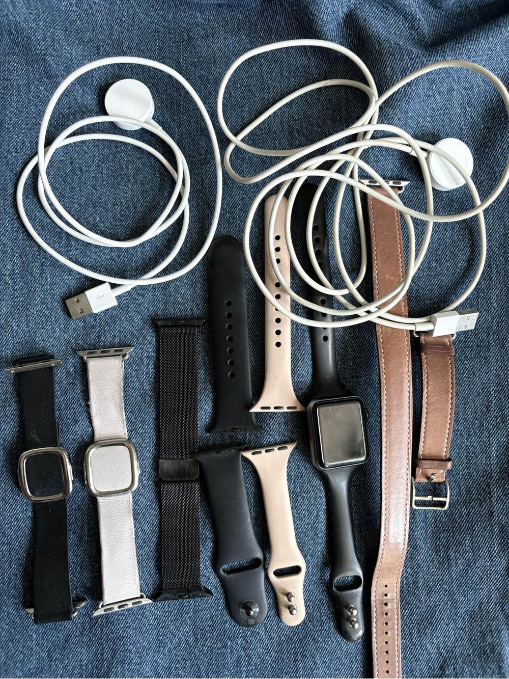 Series 3 38 mm Apple Watch (works but old) with lots of bands and two chargers